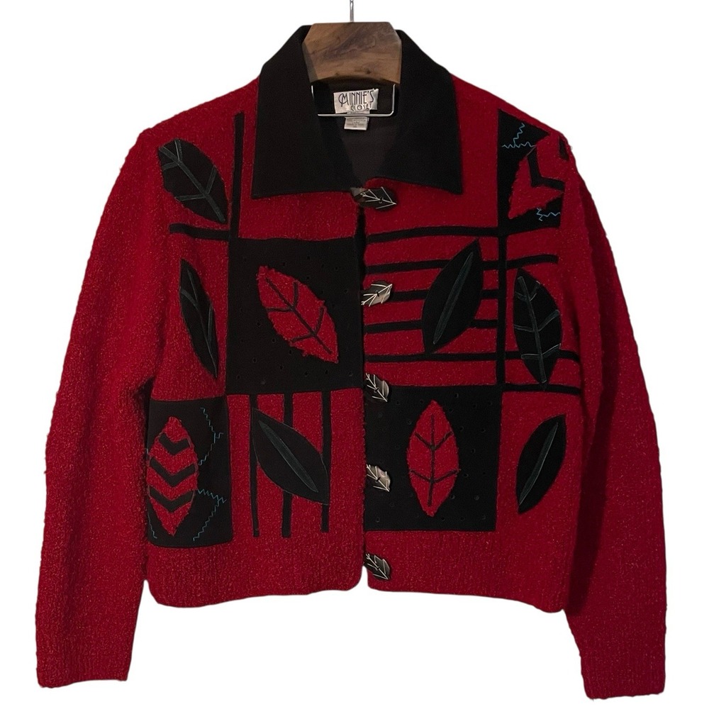 Vtg Minnies Closet Red Boucle Knit Black Suede Leaf Crop Cardigan Artsy Boho XL